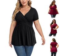 EFRANO Women's Plus Size Short Sleeve Tops, Solid Wrap V Neck Ruffle Hem Blouse Shirts, Tunic Tops for Women (B,4XL)