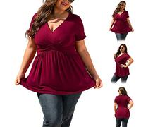 EFRANO Women's Plus Size Short Sleeve Tops, Solid Wrap V Neck Ruffle Hem Blouse Shirts, Tunic Tops for Women (C,4XL)