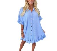 EFTINAN Women's Italian Gold Button Top Pleated Summer Shirt Mini Dress Tiktok Tops UK 8-22 (UK, Numeric, 16, Regular, Regular, Sky Blue)
