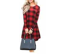 EFTINAN Womens Plaid Check Print Swing Skater Dress Ladies Long Sleeve Tartan Top 8-26 (UK, Numeric, 14, Regular, Regular, Red)
