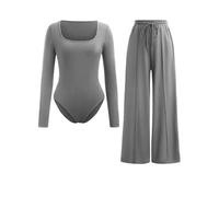 EFTINAN Women's Ribbed Bodysuit Leotard & Wide Leg Trousers Lounge Long Sleeve 2Pc Set UK (Silver Grey, 10)