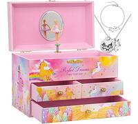 efubaby Musical Jewelry Box for Girls, Unicorn Necklace & Bracelet Set with 3 Pullout Drawers Spinning Ballerina Jewelry Box for Girls Kids Christmas Birthday Gift Waltz of Flowers Tune, Colorful
