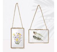 efuturetime® 2 x Glass Frame Wall Hanging, 10 x 15 cm, Double Glass Rectangle Picture Frame Transparent on Both Sides for Pressed Flowers, Photo, Picture, Card, Certificate, Gold