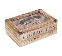 EG Homeware Wooden Tea Storage Box Glass Lid- Choice of 6 or 9 Compartements (6 Compartments)
