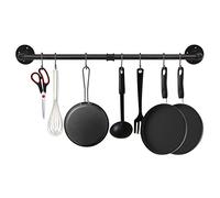 EGASON 34.3 inch Industrial Pipe Pot Bar Rack with 15 S Hooks Rustic Iron Pots and Pans Hanging Rail Pipe Towel Holder Wall Mounted Detachable Kitchen Utensil Pot Pan Lid Organizer Black