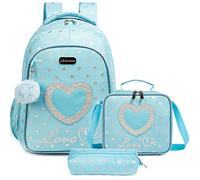 Egchescebo Girls Heart Backpack School Bookbag for Kids School Elementary Backpacks 17" 3PCS Toddler with Lunch Box Suitable for 6-12 Year Old Girls Travel Back to School Backpacks Blue