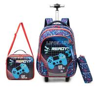 Egchescebo Kids Gamepad Rolling Backpack for Boys Suitcases Trolley Backpacks with Wheels Roller Luggage Backpacks on Wheels with Lunch Box Pencil Case for Elementary Boy Travel Soccer school Bag Blue