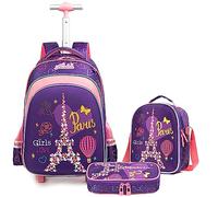 Egchescebo Kids Pylons Rolling Backpack for Girls 17" Suitcases Trolley Backpacks with Wheels 3PCS Luggage Backpacks Wheels with Lunch Box Pencil Case for Elementary Girl Travel School Bag Purple