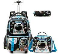 Egchescebo Kids Rolling Backpack for Boys Astronaut Suitcases Trolley Roller Luggage Backpacks on Wheels with Lunch Box Pencil Case for Elementary Multiple Function Pockets Travel School Bag Blue