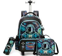 Egchescebo Kids Rolling Backpack for Boys Astronaut Trolley Suitcases Luggage with Wheels Bookbag Wheeled 3pcs Preschool Students Elementary Teenagers Lunch Box Pencil Case Blue for Age 5-10