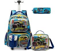 Egchescebo Kids Rolling Backpack for Boys Car Suitcases Trolley Roller Luggage Backpacks on Wheels with Lunch Box Pencil Case for Elementary Multiple Function Pockets Travel school Bag Yellow