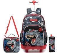 Egchescebo Kids Rolling Backpack for Boys Dinosaur Trolley Suitcases Luggage with Wheels Bookbag Wheeled 3pcs Preschool Students Elementary Teenagers Lunch Box Pencil Case Red for Age 8-12
