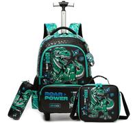 Egchescebo Kids Rolling Backpack for Boys Dinosaur Trolley Suitcases Luggage with Wheels Bookbag Wheeled 3pcs Preschool Students Elementary Teenagers Lunch Box Pencil Case Green for Age 5-10