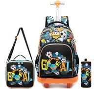 Egchescebo Kids Rolling Backpack for Boys Football Trolley Suitcases Luggage with Wheels Bookbag Wheeled 3pcs Preschool Students Elementary Teenagers Lunch Box Pencil Case Yellow for Age 8-12