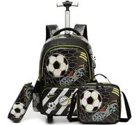 Egchescebo Kids Rolling Backpack for Boys Football Trolley Suitcases Luggage with Wheels Bookbag Wheeled 3pcs Preschool Students Elementary Teenagers Lunch Box Pencil Case Black for Age 5-10