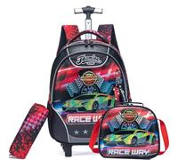 Egchescebo Kids Rolling Backpack for Boys Racing Car Trolley Suitcases Luggage with Wheels Bookbag Wheeled 3pcs Preschool Students Elementary Teenagers Lunch Box Pencil Case Red for Age 5-12