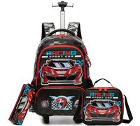 Egchescebo Kids Rolling Backpack for Boys Racing Car Trolley Suitcases Luggage with Wheels Bookbag Wheeled 3pcs Preschool Students Elementary Teenagers Lunch Box Pencil Case Red for Age 5-10