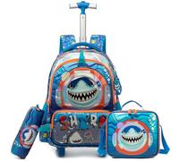 Egchescebo Kids Rolling Backpack for Boys Shark Trolley Suitcases Luggage with Wheels Bookbag Wheeled 3pcs Preschool Students Elementary Teenagers Lunch Box Pencil Case Blue for Age 5-10