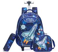 Egchescebo Kids Rolling Backpack for Boys Space Shuttle Trolley Suitcases Luggage with Wheels Bookbag Wheeled 3pcs Preschool Students Elementary Teenagers Lunch Box Pencil Case Bluek for Age 5-12