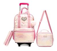 Egchescebo Kids Rolling Backpack for Girls Detachable 17" Flamingo Childrens Luggage with Wheels Toddler Travel Suitcase Backpacks Girl Down Material Kid Lunch Bookbag Escolares Elementary Pink