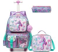 Egchescebo Kids Rolling Backpack for Girls Seahorse Suitcases Trolley Roller Luggage Backpacks on Wheels with Lunch Box Pencil Case for Elementary Multiple Function Pockets Travel school Bag Purple