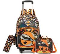Egchescebo Kids Rolling Basketball Backpack for Boys Trolley Suitcases Luggage Travel with Wheels Detachable Wheeled 17" 3PCS Roller Backpacks Set Toddler Back Pack School Bags for Elementary Orange