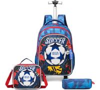 Egchescebo Kids Rolling Football Backpack for Boys 17" Trolley Suitcases Luggage Travel with Wheels Bookbag 3PCS Set Roller Backpacks Toddler Bag Back Pack School Bags Elementary Teenagers Blue
