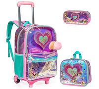 Egchescebo kids Rolling Kid Travel Toddler Duffle Bag Hearts Detachable Backpack for Girls Carry Luggage Roller Computer Suitcase with Pencil Case Lunch Box Wheels Wheeled Clear Backpacks Girls Pink