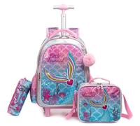 Egchescebo Kids Rolling Mermaid Backpack for Girls 17" Trolley Suitcases Luggage Travel with Wheels Bookbag 3PCS Set Roller Backpacks Toddler Bag Back Pack School Bags Set Elementary Teenagers Rose