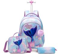 Egchescebo Kids Rolling Mermaid Backpack for Girls 17" Trolley Suitcases Luggage Travel with Wheels Bookbag 3PCS Set Roller Backpacks Toddler Bag Back Pack School Bags Elementary Teenagers Sky Blue