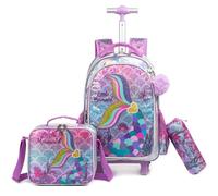 Egchescebo Kids Rolling Mermaid Backpack for Girls 17" Trolley Suitcases Luggage Travel with Wheels Bookbag 3PCS Set Roller Backpacks Toddler Bag Back Pack School Bags Elementary Teenagers Gold Colour