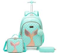 Egchescebo Kids Rolling Mermaid Backpack for Girls 17" Trolley Suitcases Luggage Travel with Wheels Bookbag 3PCS Set Roller Backpacks Toddler Bag Back Pack School Bags Elementary Teenagers Light Blue