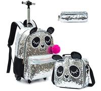 Egchescebo Panda Kids' Playful Silver Sequin Rolling Backpack with Wheels, 3-in-1 Girls School Backpack, Lunch Box & Pencil Case, 16" H x 11.8" L x 7.5" W, 17L, Silver, 3 Count