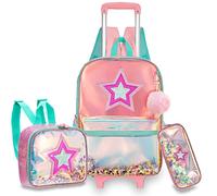 Egchescebo School Kids Rolling Backpack for Girls and Boys With Wheels Trolley Wheeled Backpacks for Girls and Boys Travel Bags 3PCS Girls Backpack With Lunch Box Kids Rolling Suitcase Pink