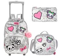 Egchescebo School Kids Rolling Backpack With Wheels Trolley Wheeled Backpacks for Girls Travel Bags 3PCS Panda Girls Backpack With Lunch Box Kids Rolling Suitcase Silver