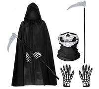 EGEKTBH Halloween Costumes, Grim Reaper Costume 4 Piece Set with Halloween Hooded Cloak Black Scythe, Skull Mask, Skeleton Gloves, Skeleton Halloween Costume for Party Costumes, Fancy Dress