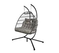 Egg Chair Garden Swing Double Seat Rattan Foldable Hanging Hammock with Cushions Stand UV Resistant Outdoor Indoor Furniture (Light Grey)
