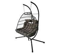Egg Chair Garden Swing Double Seat Rattan Foldable Hanging Hammock with Cushions Stand UV Resistant Outdoor Indoor Furniture (Dark Grey)
