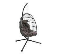 Egg Chair Garden Swing Seat Rattan Foldable Hanging Hammock with Cushions Stand UV Resistant Outdoor Indoor Furniture (Dark Grey)