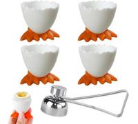 Egg Cup Set of 4 - Ceramic Egg Holders | 4 PC Egg Cup Holder Boiled Egg Holder, Eggcups with Stainless Steel Eggshell Cutter, Topper Egg Cracker Opener Remover Kitchen Tool