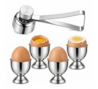 Egg Cups, 5PCS Boiled Egg Holder with Egg Cracker Tool, Egg Holder Stackable Egg Cup Set Stainless Steel Creative Egg Holder Set for Home Kitchen(Silvery)