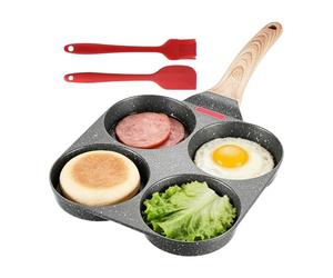 Egg Frying Pan - Hamburger Pan | 4-Cup Cooking Tool | Non-Stick Stone Coating, Aluminum Alloy, Wood Handle & Silicone, Includes Scraper & Oil Brush, For Home Kitchen Camping Picnic Meal Prep, 18.5x38c