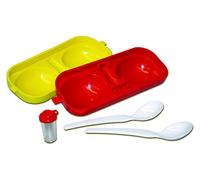 Egg holder egg tray 2-fold with salt spreader and spoon red / yellow Perfect picnic companion DDR ostalgie