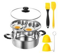 Egg Poacher Pan Nonstick 4 Eggs, Poached Egg Cooker, Poached Egg Pan, Stainless Steel Egg Poacher, Includes Stainless Steel Pot, 4 Cups, Silicone Brush & Spatula, Suitable for Multiple Stove Types
