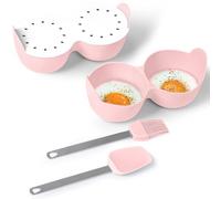 Egg Poacher Set of 2 - Silicone Egg Poaching Cups with Lid and Handle for Microwave Instant Pot & Stovetop, 2 Cavity Egg Steaming Cups Includes Brush & Spatula Kitchen Cooking Accessories (Pink)