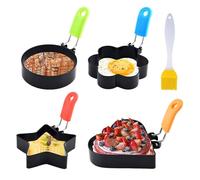 Egg Rings for Frying, 4PCS Egg Ring Molds with Silicone Handle, Fried Egg Cooking Rings with Oil Brush, Fried Egg Mould Pancake Mcmuffin Omelette Shaping Burger Star Flower Heart Round
