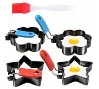 Egg Rings for Frying with Oil Brush, 4 Pcs Stainless Steel Non Stick Egg Moulds with Anti-Scald Folding Handle, Pancake Ring Moulds for Eggs Frying, Shaping, Pancakes, Mini Burger (Flower+Star)