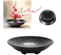 Eggone Japanese Ikebana Kit Floral Frog Flower Container with Kenzan Needle Straightening Tool - 1.57inch Black Flower Frog, 6.7inch Bowl Vase