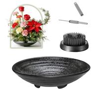 Eggone Japanese Ikebana Kit Floral Frog Flower Container with Kenzan Needle Straightening Tool - 1.57inch Black Flower Frog, 6.7inch Bowl Vase