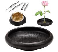 Eggone Japanese Ikebana Vase Kit, Black Shallow Kenzan Container Ceramics Flower Arrangement Kit with 1.57 inch Flower Frogs, Pottery Floral Floristry Planter Pot